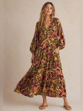#81 easel Olive Floral Maxi Dress with Pink & Yellow Blooms